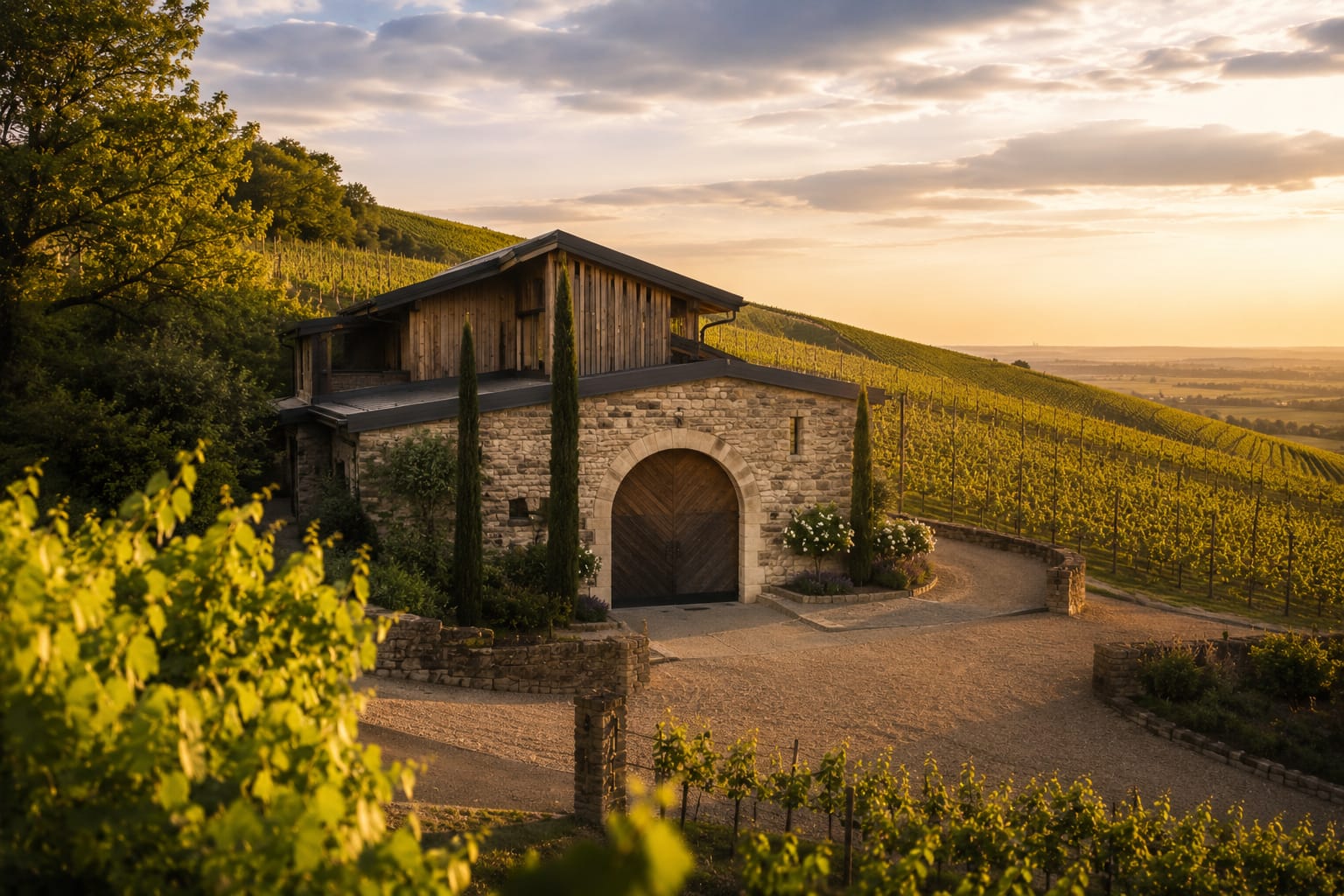 Weingut Lindenhof eingebettet in Rieslingreben in der Pfalz